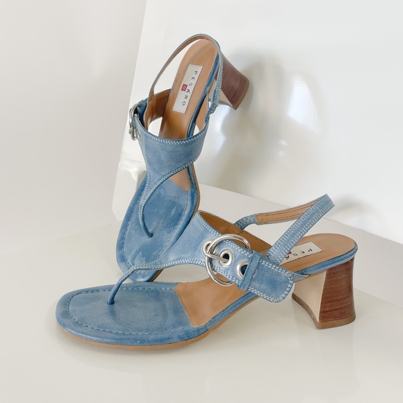 Vintage Shoes - VINTAGE Y2K PESÁRO 100% Leather Blue Thong Buckle Slingback Sandal Heels
